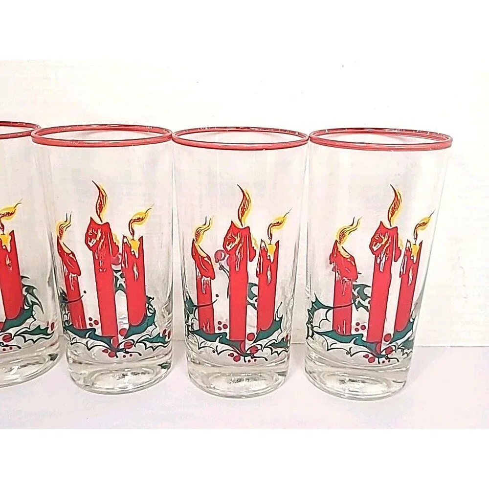 Vtg Christmas Federal Glass 6 Pc Tumblers Red Candles Holly Berry Red Green